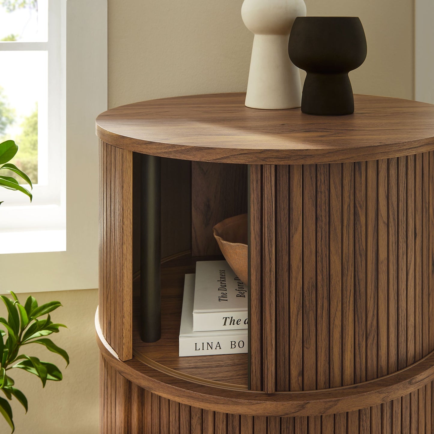 Modway furniture Clement Round Pedestal Stand Storage Table With Sliding Tambour Doors - EEI-7344-WAL