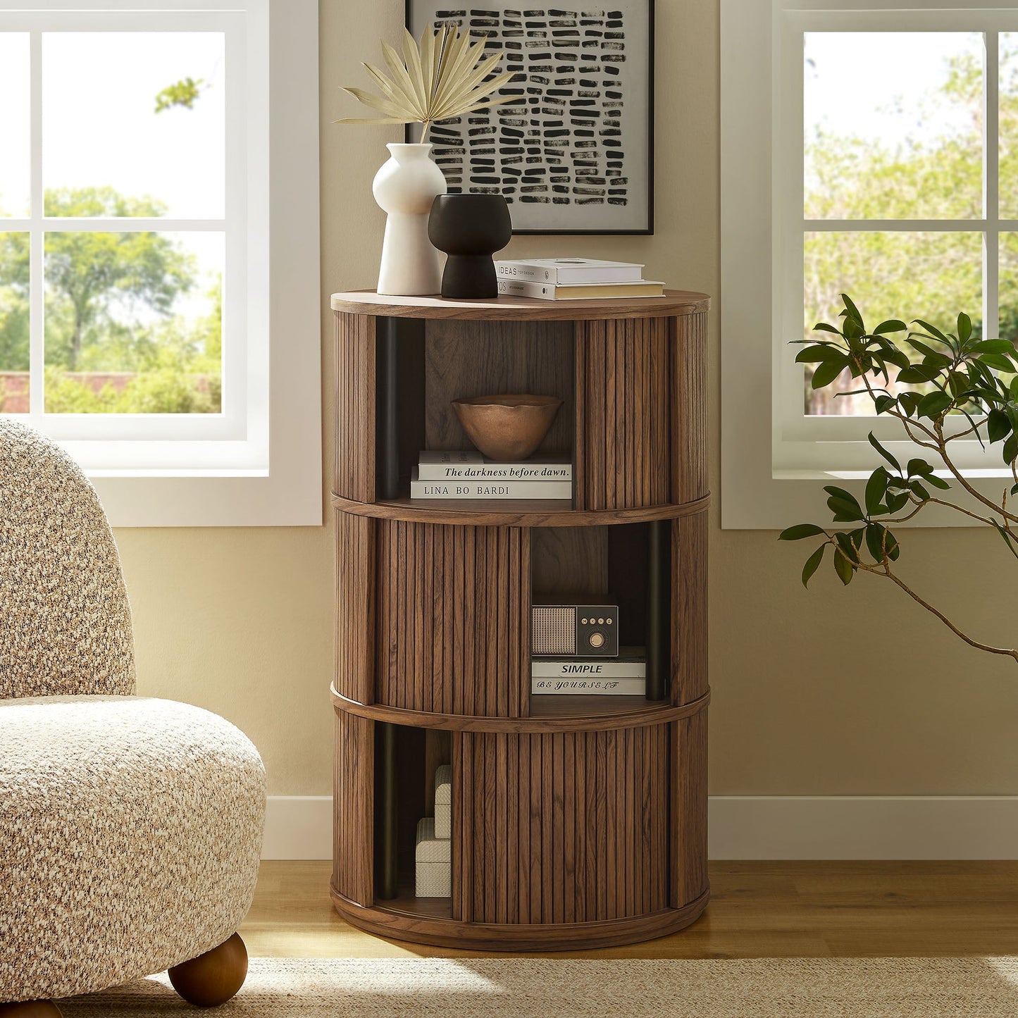 Modway furniture Clement Round Pedestal Stand Storage Table With Sliding Tambour Doors - EEI-7344-WAL