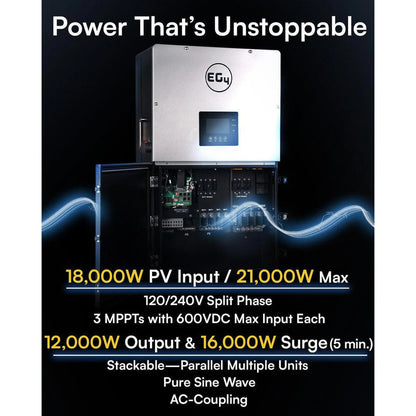 EG4 18K Inverter | 18KPV Hybrid Inverter All-In-One Solar Inverter | 18000W PV Input | 12000W Output | 48V 120/240V Split Phase | EG4-18KPV-12LV