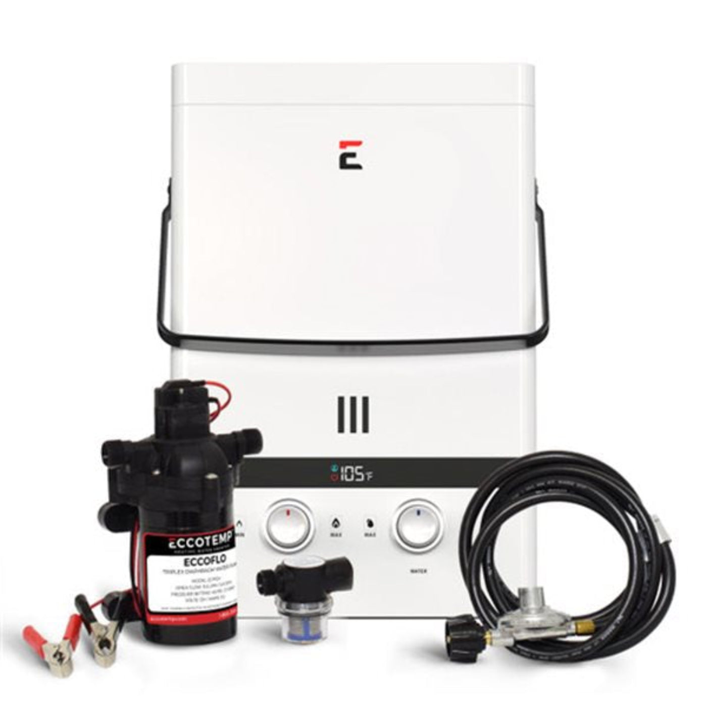 GREE Eccotemp Luxé 1.85 GPM Portable Outdoor Liquid Propane Tankless Water Heater with EccoFlo Diaphragm 12V Pump and Strainer - EL7-PS
