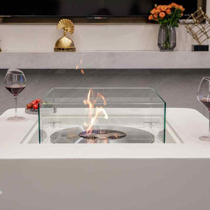 Elementi Perth Ethanol Fire Pit Cream white Front with Flame Set Up