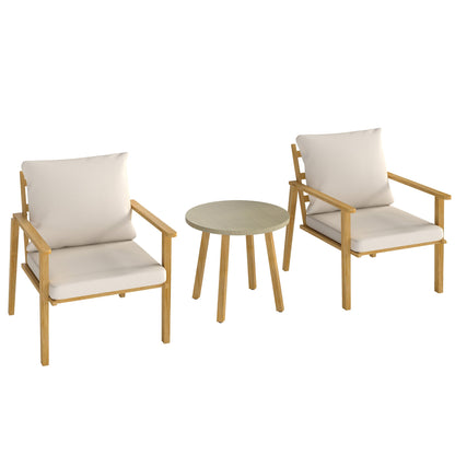 Outsunny Outdoor Conversation Set, 3-Piece Wood-Look Table & Chairs, Deep Seat with Cushions, Cream White - 84G-613V00CW