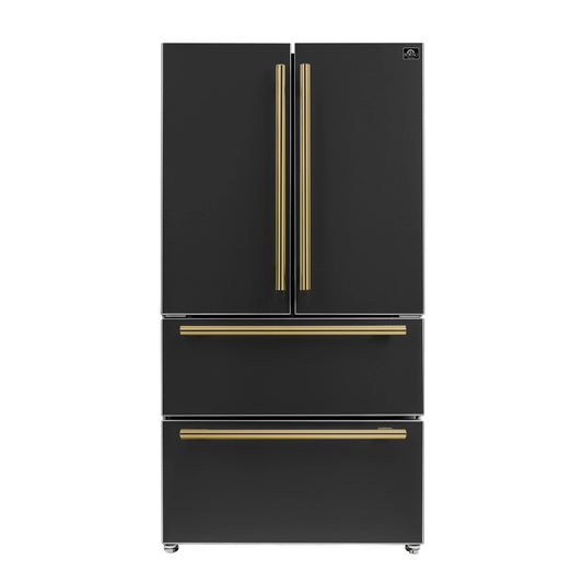 Forno Espresso Moena 36-inch 19.2 Cu.ft French Door Refrigerator in Black with Antique Brass Handle -FFRBI1820-36BLK