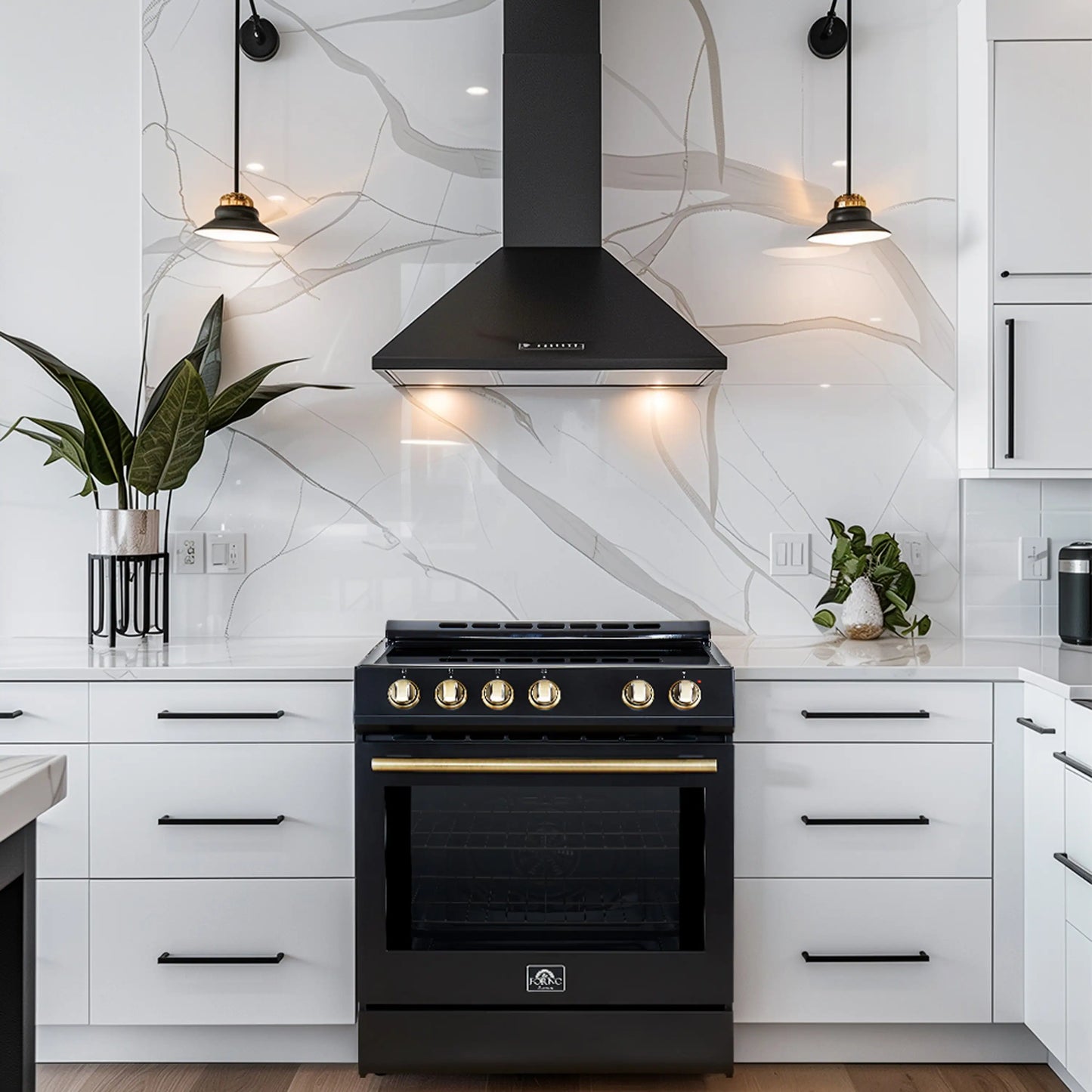 Forno 5-Piece Appliance Package - 30-Inch Electric Range, Under Cabinet Range Hood, French Door Refrigerator, Dishwasher, and 30-Inch Microwave Drawer in Black with Antique Brass Trim - APR5-6012-30BLK-MWD30