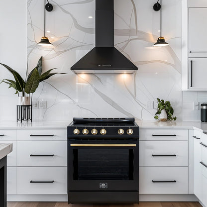 Forno 5-Piece Appliance Package - 30-Inch Electric Range, Under Cabinet Range Hood, French Door Refrigerator, Dishwasher , & Microwave Drawer in Black with Antique Brass Trim - APR5-6012-30BLK