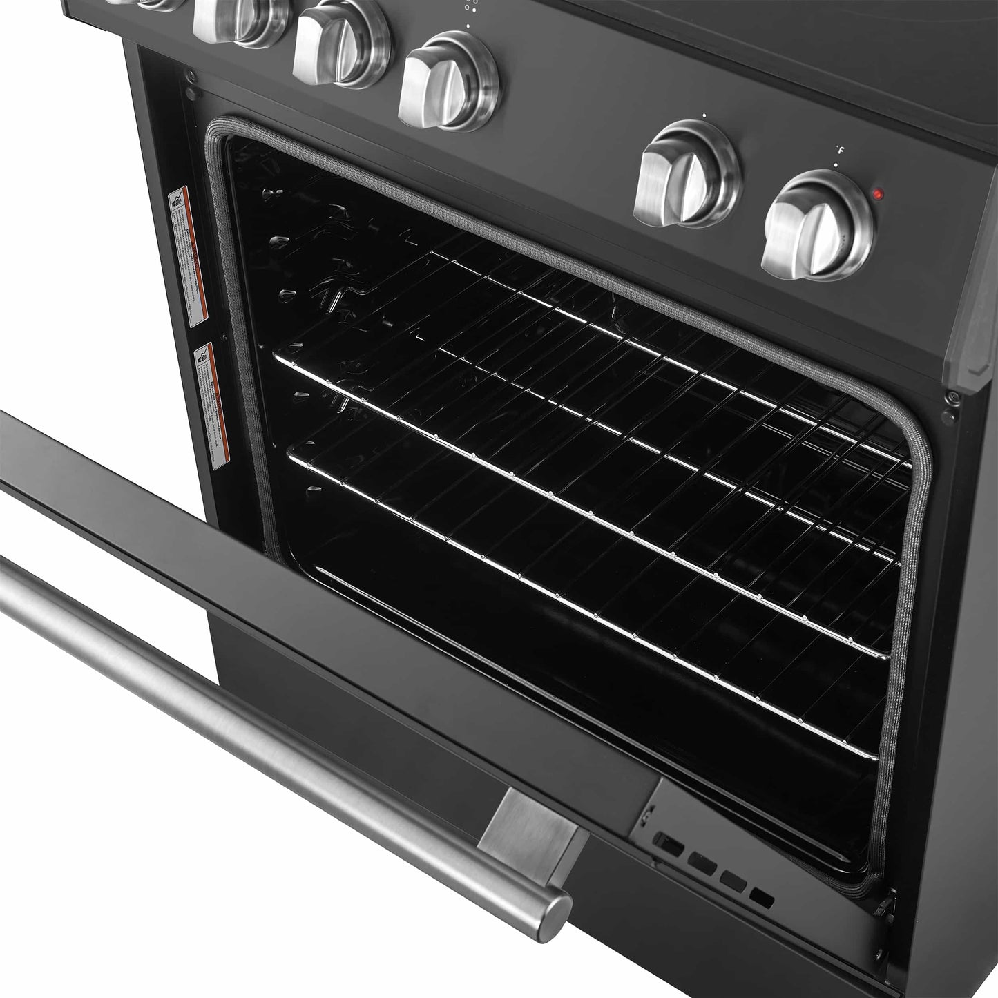 Forno 5-Piece Appliance Package - 30-Inch Electric Range, Under Cabinet Range Hood, Refrigerator, Dishwasher, and 24-Inch Microwave Oven in Black with Stainless Steel Trim - APR5-6012-30BLK-MWO24
