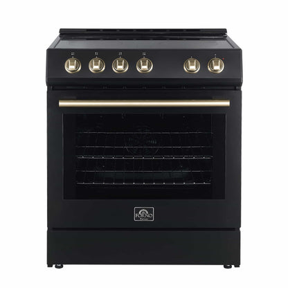 Forno 5-Piece Appliance Package - 30-Inch Electric Range, Under Cabinet Range Hood, Refrigerator with Water Dispenser, Dishwasher, and 30-Inch Microwave Drawer in Black with Stainless Steel Trim - APW5-6012-30BLK-MWD30