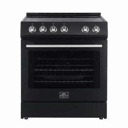 Forno 5-Piece Appliance Package - 30-Inch Electric Range, Under Cabinet Range Hood, French Door Refrigerator, Dishwasher, and 30-Inch Microwave Drawer in Black with Stainless Steel Handle - APR5-6012-30BLK-MWD30
