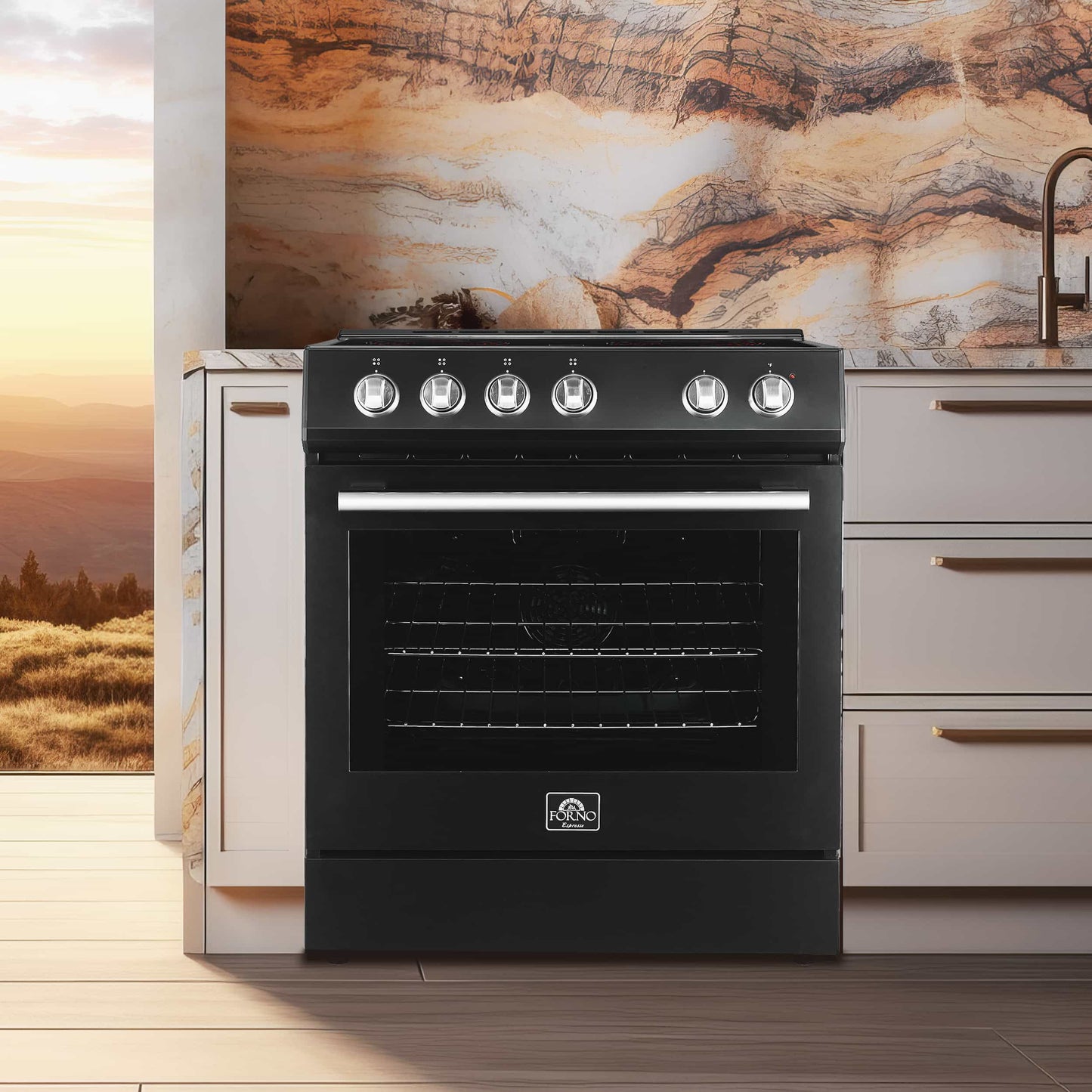 Forno 5-Piece Appliance Package - 30-Inch Electric Range, Under Cabinet Range Hood, Refrigerator with Water Dispenser, Dishwasher, and 30-Inch Microwave Drawer in Black with Antique Brass Trim - APW5-6012-30BLK-MWD30