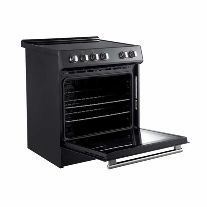 Forno 5-Piece Appliance Package - 30-Inch Electric Range, Under Cabinet Range Hood, Refrigerator with Water Dispenser, Dishwasher, and 30-Inch Microwave Drawer in Black with Antique Brass Trim - APW5-6012-30BLK-MWD30
