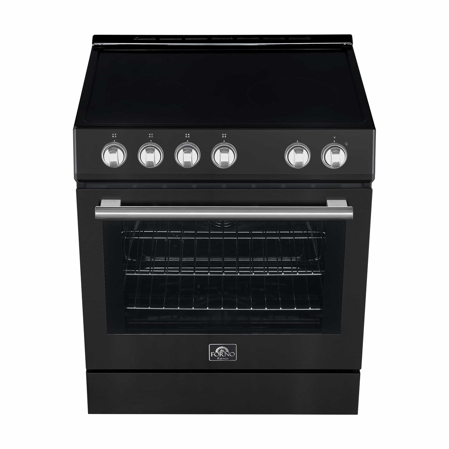 Forno 5-Piece Appliance Package - 30-Inch Electric Range, Under Cabinet Range Hood, Refrigerator with Water Dispenser, Dishwasher, and  Microwave Drawer in Black with Stainless Steel Trim - APW5-6012-30BLK