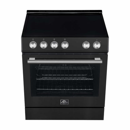 Forno 5-Piece Appliance Package - 30-Inch Electric Range, Under Cabinet Range Hood, French Door Refrigerator, Dishwasher, and 30-Inch Microwave Drawer in Black with Stainless Steel Handle - APR5-6012-30BLK-MWD30