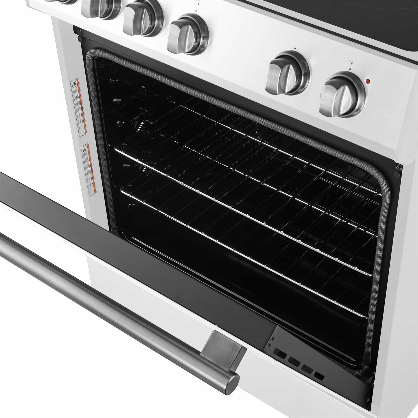 Forno 5-Piece Appliance Package - 30-Inch Electric Range, Under Cabinet Range Hood, Refrigerator with Water Dispenser, Dishwasher, and 30-Inch Microwave Drawer in White with Stainless Steel Trim - APW5-6012-30WHT-MWD30