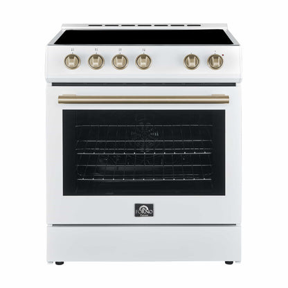 Forno 5-Piece Appliance Package - 30-Inch Electric Range, Under Cabinet Range Hood, Refrigerator with Water Dispenser, Dishwasher, and 30-Inch Microwave Drawer in White with Stainless Steel Trim - APW5-6012-30WHT-MWD30