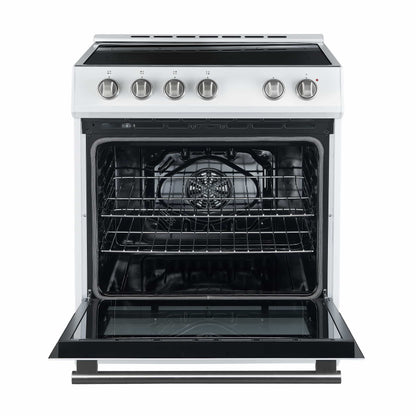 Forno 5-Piece Appliance Package - 30-Inch Electric Range, Under Cabinet Range Hood, French Door Refrigerator, Dishwasher, and 30-Inch Microwave Drawer in White with Stainless Steel Trim - APR5-6012-30WHT-MWD30