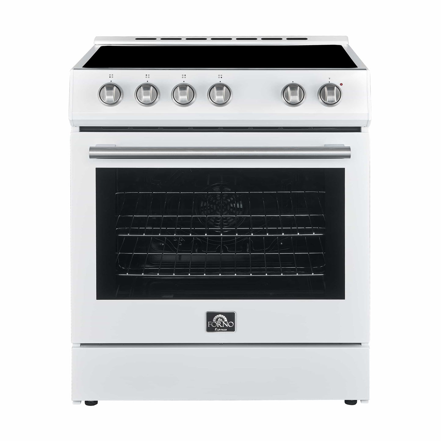 Forno 5-Piece Appliance Package - 30-Inch Electric Range, Under Cabinet Range Hood, Refrigerator with Water Dispenser, Dishwasher, and 30-Inch Microwave Drawer in White with Stainless Steel Trim - APW5-6012-30WHT-MWD30