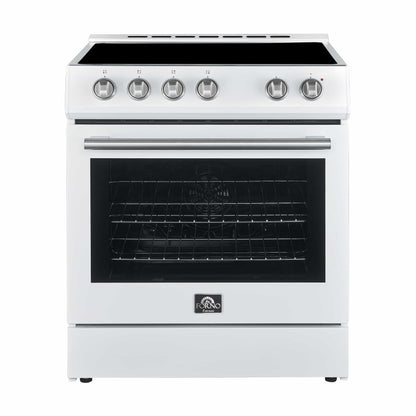 Forno 5-Piece Appliance Package - 30-Inch Electric Range, Under Cabinet Range Hood, Refrigerator with Water Dispenser, Dishwasher, and  Microwave Drawer in White with Stainless Steel Trim - APW5-6012-30WHT