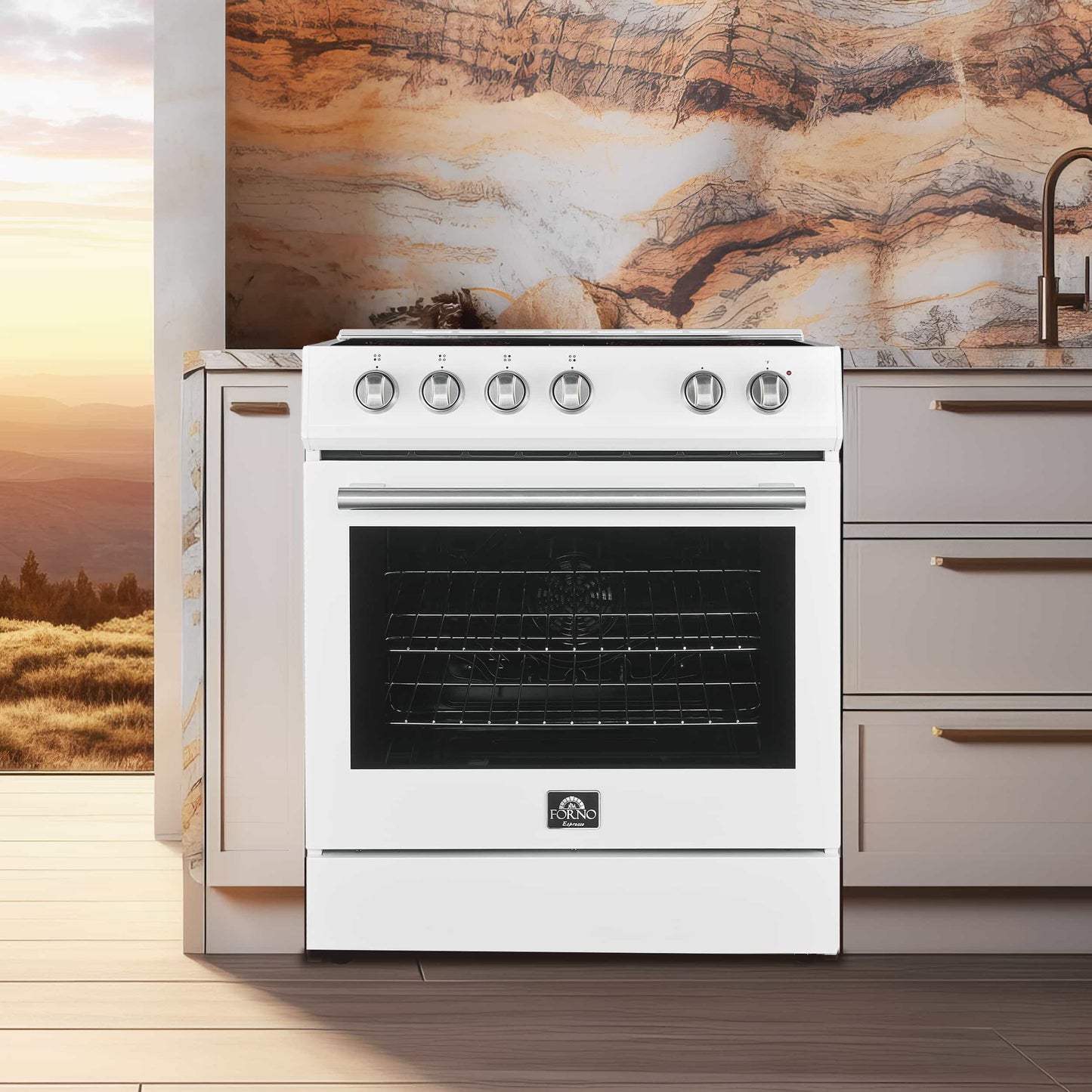Forno 5-Piece Appliance Package - 30-Inch Electric Range, Under Cabinet Range Hood, French Door Refrigerator, Dishwasher, and 30-Inch Microwave Drawer in White with Stainless Steel Trim - APR5-6012-30WHT-MWD30