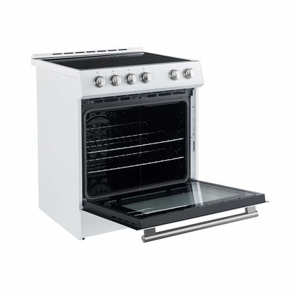 Forno 5-Piece Appliance Package - 30-Inch Electric Range, Under Cabinet Range Hood, Refrigerator with Water Dispenser, Dishwasher, and  Microwave Drawer in White with Stainless Steel Trim - APW5-6012-30WHT