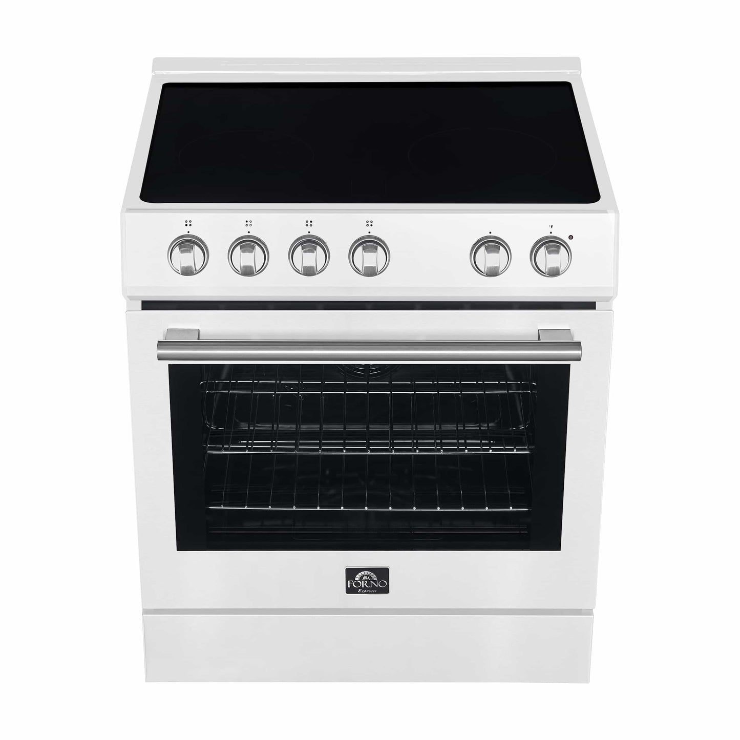 Forno 5-Piece Appliance Package - 30-Inch Electric Range, Under Cabinet Range Hood, Refrigerator with Water Dispenser, Dishwasher, and  Microwave Drawer in White with Stainless Steel Trim - APW5-6012-30WHT