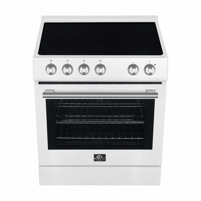 Forno 5-Piece Appliance Package - 30-Inch Electric Range, Under Cabinet Range Hood, Refrigerator with Water Dispenser, Dishwasher, and 30-Inch Microwave Drawer in White with Stainless Steel Trim - APW5-6012-30WHT-MWD30