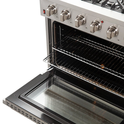 Forno 5-Piece Appliance Package - 36-Inch Gas Range, Wall Mount Range Hood, 60-Inch Refrigerator, Dishwasher, and 24-Inch Microwave Oven in Stainless Steel - AP5-6244-36-5095-60S-24MO