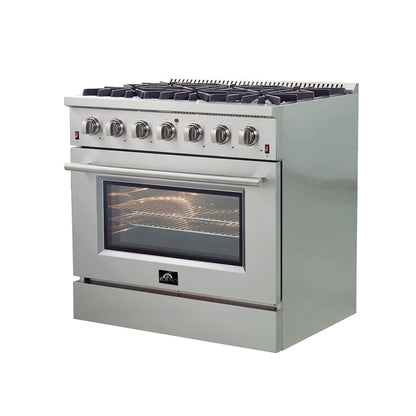 Forno 5-Piece Appliance Package - 36-Inch Gas Range, Wall Mount Range Hood, 36-Inch Refrigerator, Dishwasher, and 30-Inch Microwave Oven in Stainless Steel - AP5-6244-36-5095-30MO