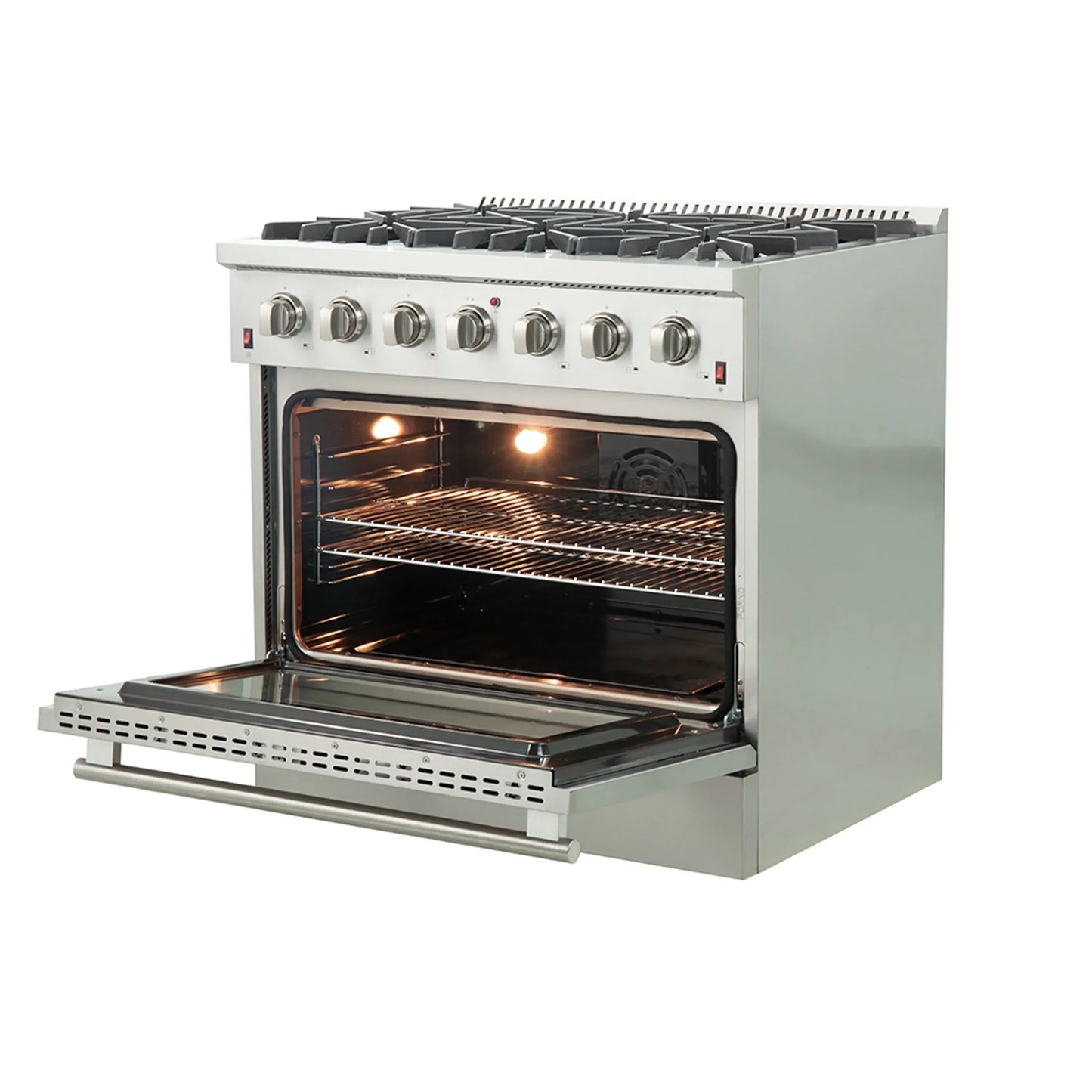Forno 5-Piece Appliance Package - 36-Inch Gas Range, Wall Mount Range Hood, 36-Inch Refrigerator, Dishwasher, and 24-Inch Microwave Oven in Stainless Steel - AP5-6244-36-5095-24MO