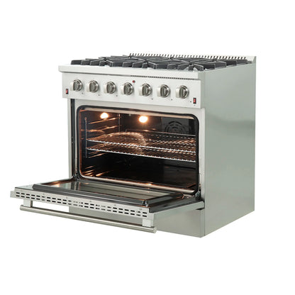 Forno 5-Piece Appliance Package - 36-Inch Gas Range, Wall Mount Range Hood, 60-Inch Refrigerator, Dishwasher, and 30-Inch Microwave Drawer in Stainless Steel - AP5-6244-36-5095-60S-30MD