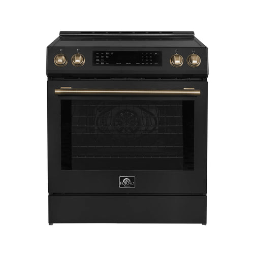 Forno Espresso Donatello 30-Inch Induction Range with Digital Display in Black with Antique Brass Trim  - FFSIN0905-30BLK