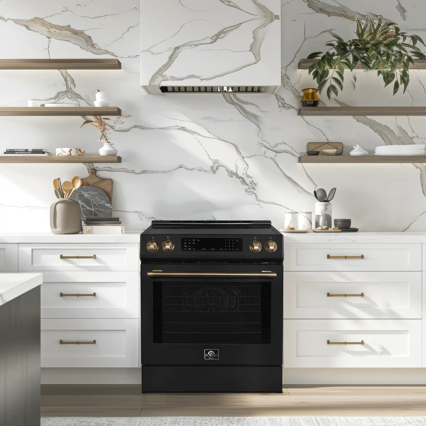 Forno 5-Piece Appliance Package - 30-Inch Inducton Range, Under Cabinet Range Hood, Refrigerator, Dishwasher, and 24-Inch Microwave Oven in Black with Antique Brass Trim - APR5-905-30BLK-MWO24
