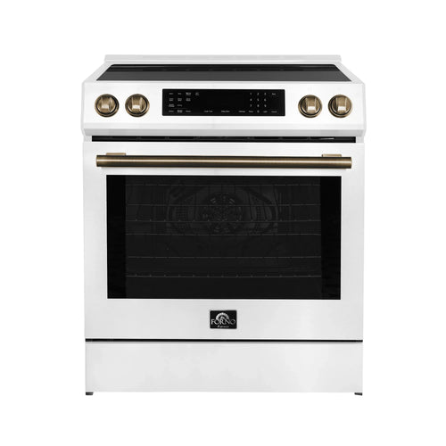 Forno Espresso Donatello 30-Inch Induction Range with Digital Display in White with Antique Brass Trim  - FFSIN0905-30WHT