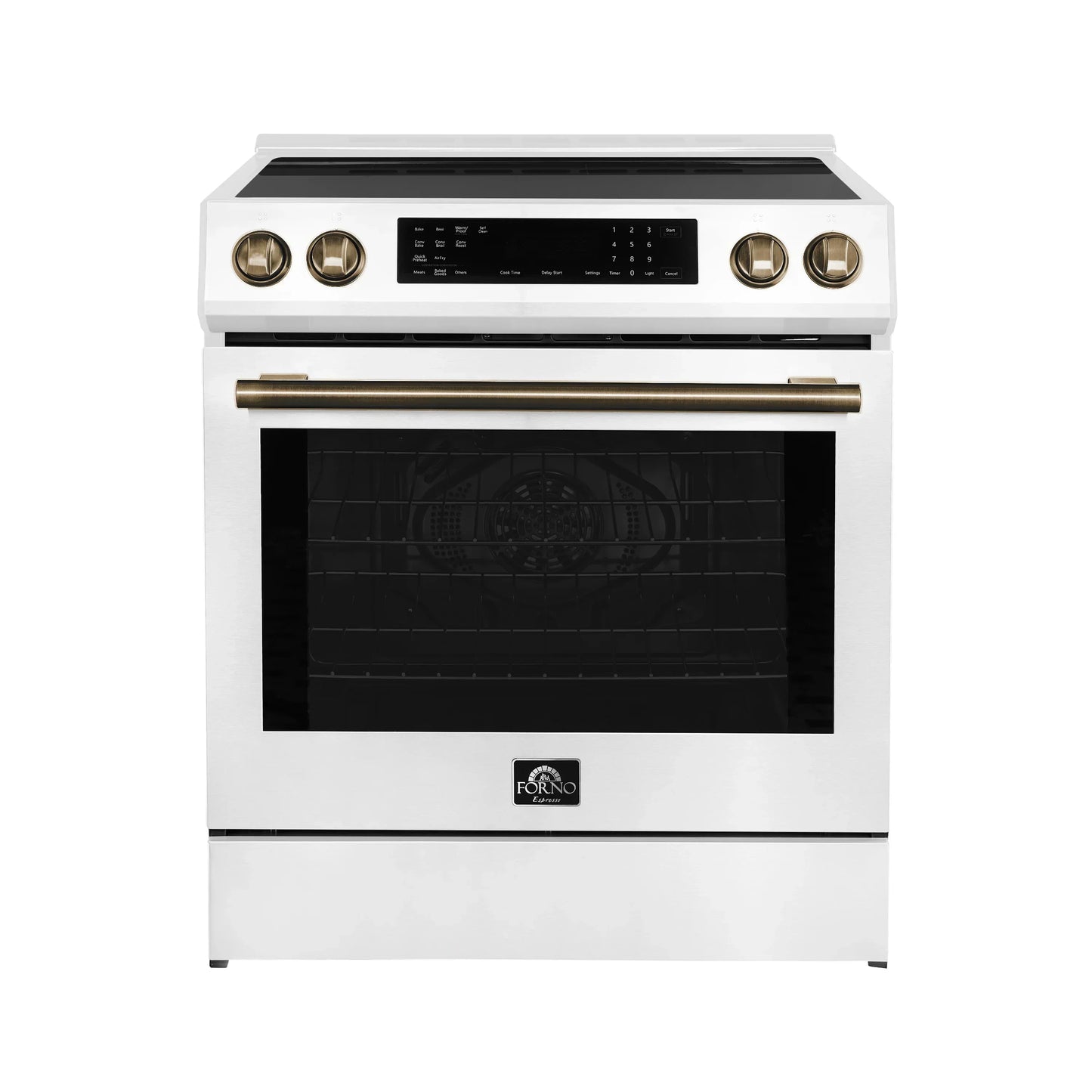 Forno 5-Piece Appliance Package - 30-Inch Inducton Range, Under Cabinet Range Hood, Refrigerator, Dishwasher, and  24-Inch Microwave Oven in White with Antique Brass Trim - APR5-905-30WHT-MWO24