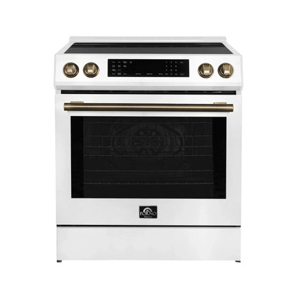 Forno 5-Piece Appliance Package - 30-Inch Inducton Range, Under Cabinet Range Hood, Refrigerator, Dishwasher, and  24-Inch Microwave Oven in White with Antique Brass Trim - APR5-905-30WHT-MWO24