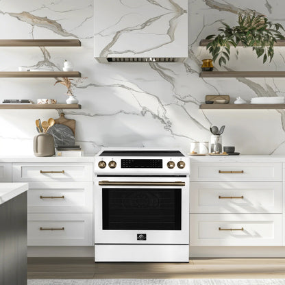 Forno 5-Piece Appliance Package - 30-Inch Induction Range, Under Cabinet Range Hood, Refrigerator, Dishwasher, and  30-Inch Microwave Oven in White with Stainless Steel Trim - APR5-905-30WHT-MWO30