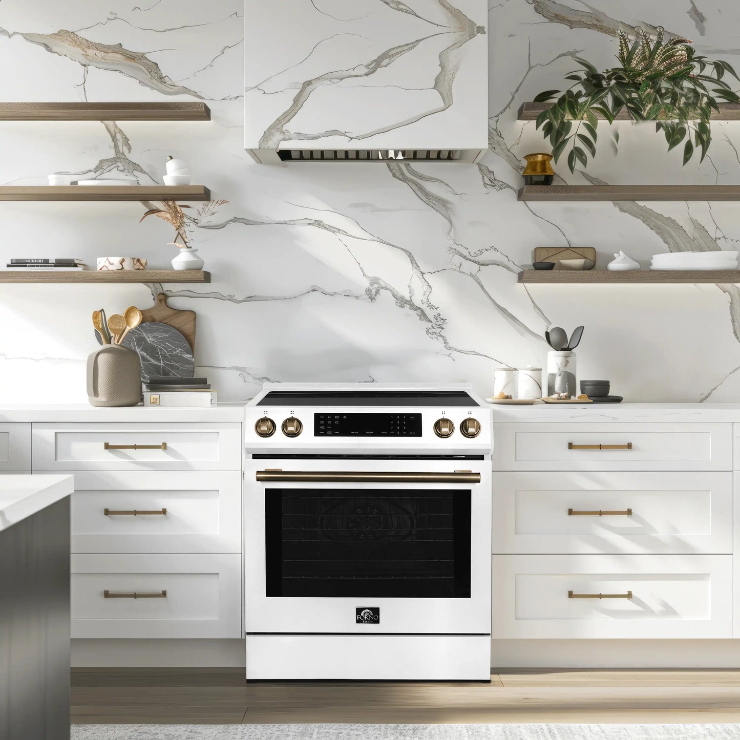 Forno 5-Piece Appliance Package - 30-Inch Inducton Range, Under Cabinet Range Hood, Refrigerator, Dishwasher, and  24-Inch Microwave Oven in White with Antique Brass Trim - APR5-905-30WHT-MWO24