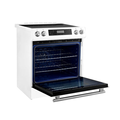 Forno 5-Piece Appliance Package - 30-Inch Induction Range, Under Cabinet Range Hood, Refrigerator with Water Dispenser, Dishwasher, and 24-Inch Microwave Drawer in White with Stainless Steel Trim - APW5-905-30WHT