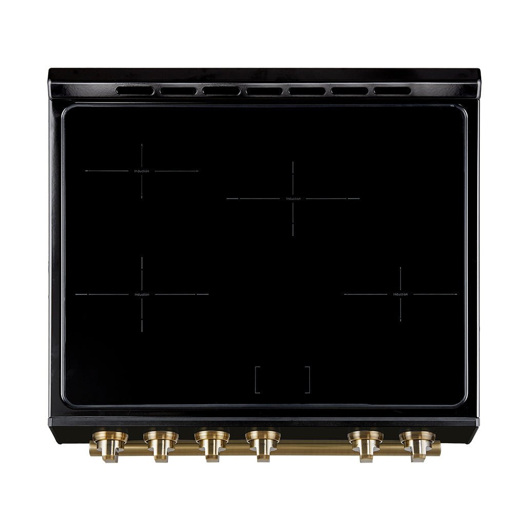 Forno 5-Piece Appliance Package - 30-Inch Induction Range, Under Cabinet Range Hood, Refrigerator with Water Dispenser, Dishwasher, and 30-Inch Microwave Drawer in Black with Antique Brass Trim - APW5-982-30BLK-MWD30