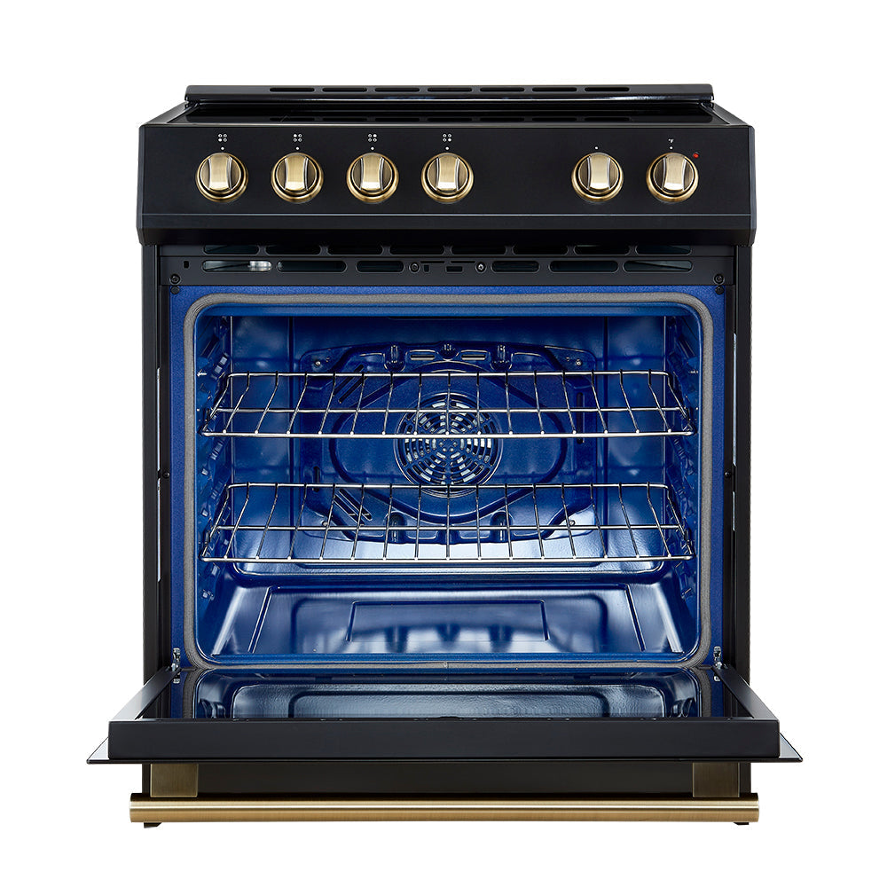 Forno 5-Piece Appliance Package - 30-Inch Induction Range, Under Cabinet Range Hood, Refrigerator with Water Dispenser, Dishwasher, and 30-Inch Microwave Drawer in Black with Antique Brass Trim - APW5-982-30BLK-MWD30