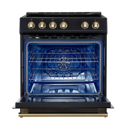 Forno 5-Piece Appliance Package - 30-Inch Induction Range, Under Cabinet Range Hood, Refrigerator with Water Dispenser, Dishwasher, and 30-Inch Microwave Drawer in Black with Antique Brass Trim - APW5-982-30BLK-MWD30