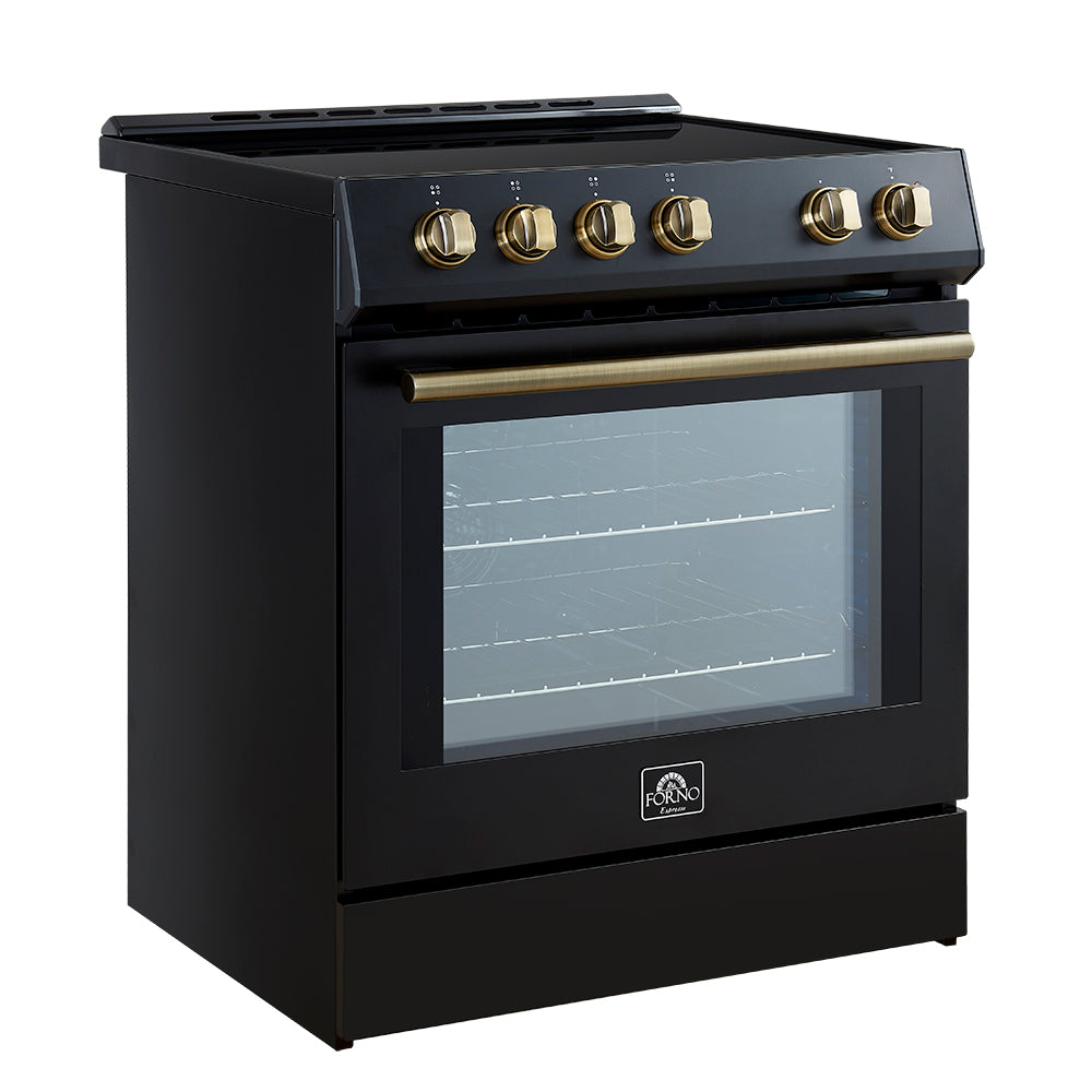 Forno 5-Piece Appliance Package - 30-Inch Induction Range, Under Cabinet Range Hood, Refrigerator with Water Dispenser, Dishwasher, and 30-Inch Microwave Drawer in Black with Antique Brass Trim - APW5-982-30BLK-MWD30