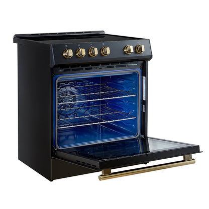 Forno 5-Piece Appliance Package - 30-Inch Induction Range, Under Cabinet Range Hood, Refrigerator with Water Dispenser, Dishwasher, and 30-Inch Microwave Drawer in Black with Antique Brass Trim - APW5-982-30BLK-MWD30
