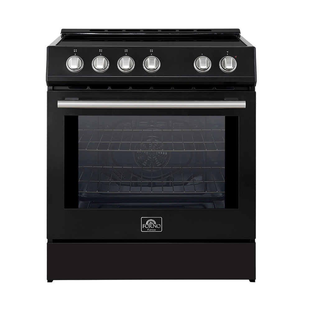 Forno 5-Piece Appliance Package - 30-Inch Induction Range, Under Cabinet Range Hood,  French Door Refrigerator with Water Dispenser, Dishwasher, and  Microwave Drawer in Black with Stainless Steel Trim - APW5-982-30BLK