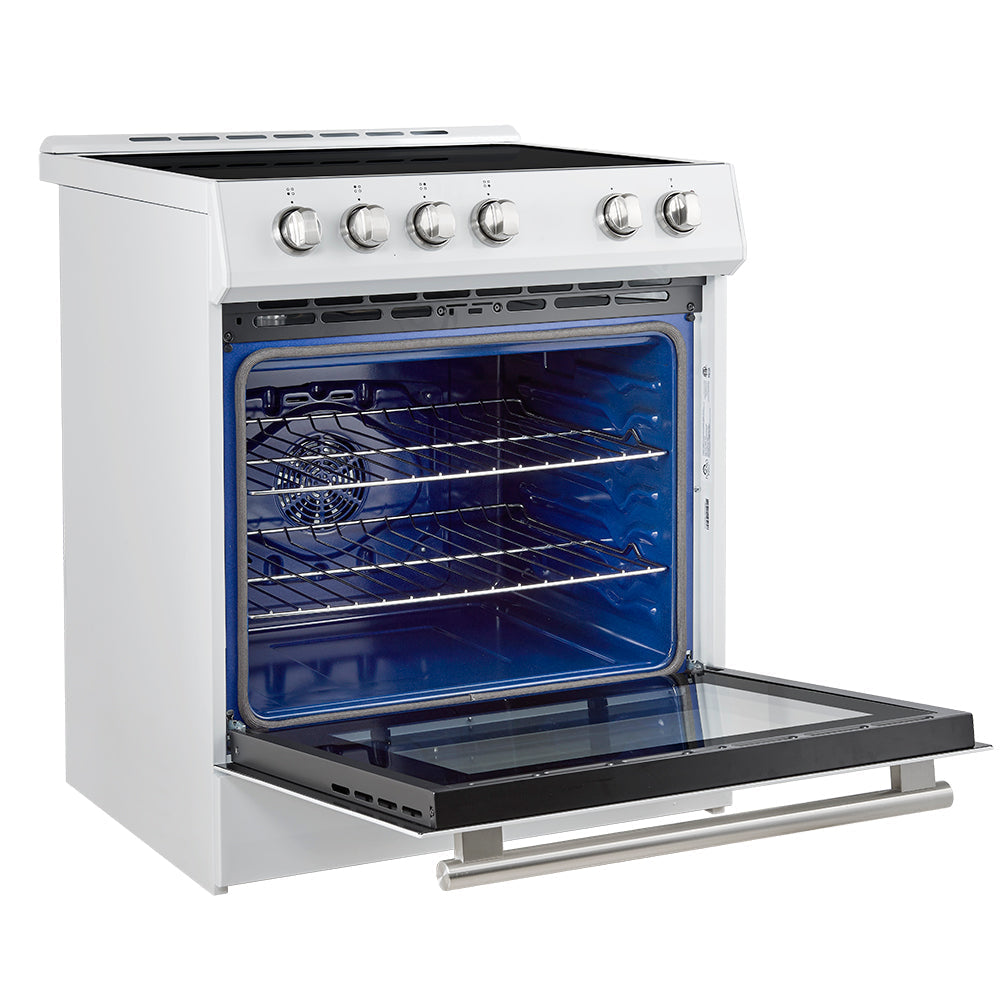 Forno 5-Piece Appliance Package - 30-Inch Induction Range, Under Cabinet Range Hood, Refrigerator with Water Dispenser, Dishwasher, and 30-Inch Microwave Drawer in White with Stainless Steel Trim - APW5-982-30WHT-MWD30