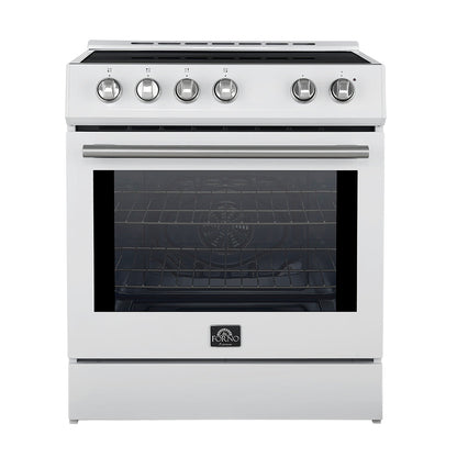 Forno 5-Piece Appliance Package - 30-Inch Induction Range, Under Cabinet Range Hood, Refrigerator with Water Dispenser, Dishwasher, and 30-Inch Microwave Drawer in White with Stainless Steel Trim - APW5-982-30WHT-MWD30