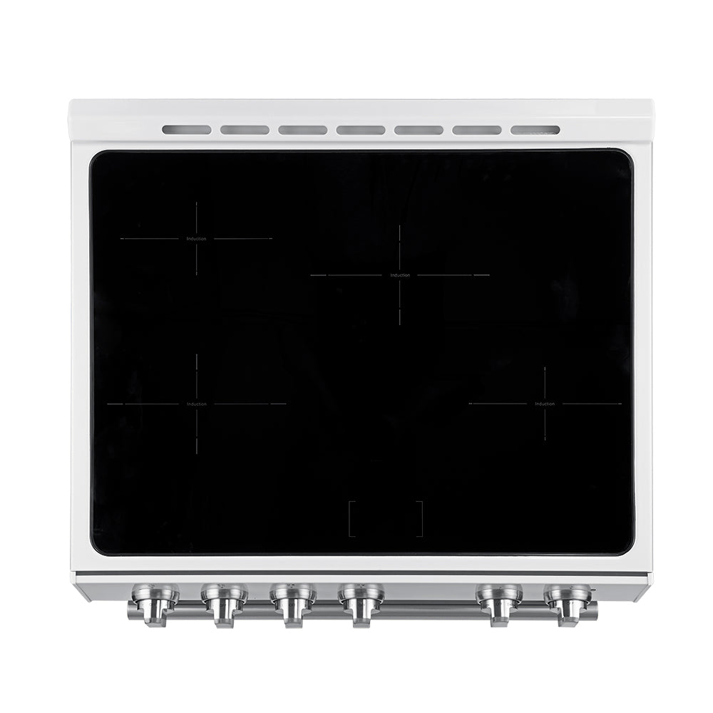 Forno 5-Piece Appliance Package - 30-Inch Induction Range, Under Cabinet Range Hood, Refrigerator with Water Dispenser, Dishwasher, and 30-Inch Microwave Drawer in White with Stainless Steel Trim - APW5-982-30WHT-MWD30
