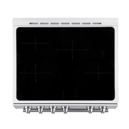 Forno 5-Piece Appliance Package - 30-Inch Induction Range, Under Cabinet Range Hood, Refrigerator with Water Dispenser, Dishwasher, and 30-Inch Microwave Drawer in White with Stainless Steel Trim - APW5-982-30WHT-MWD30