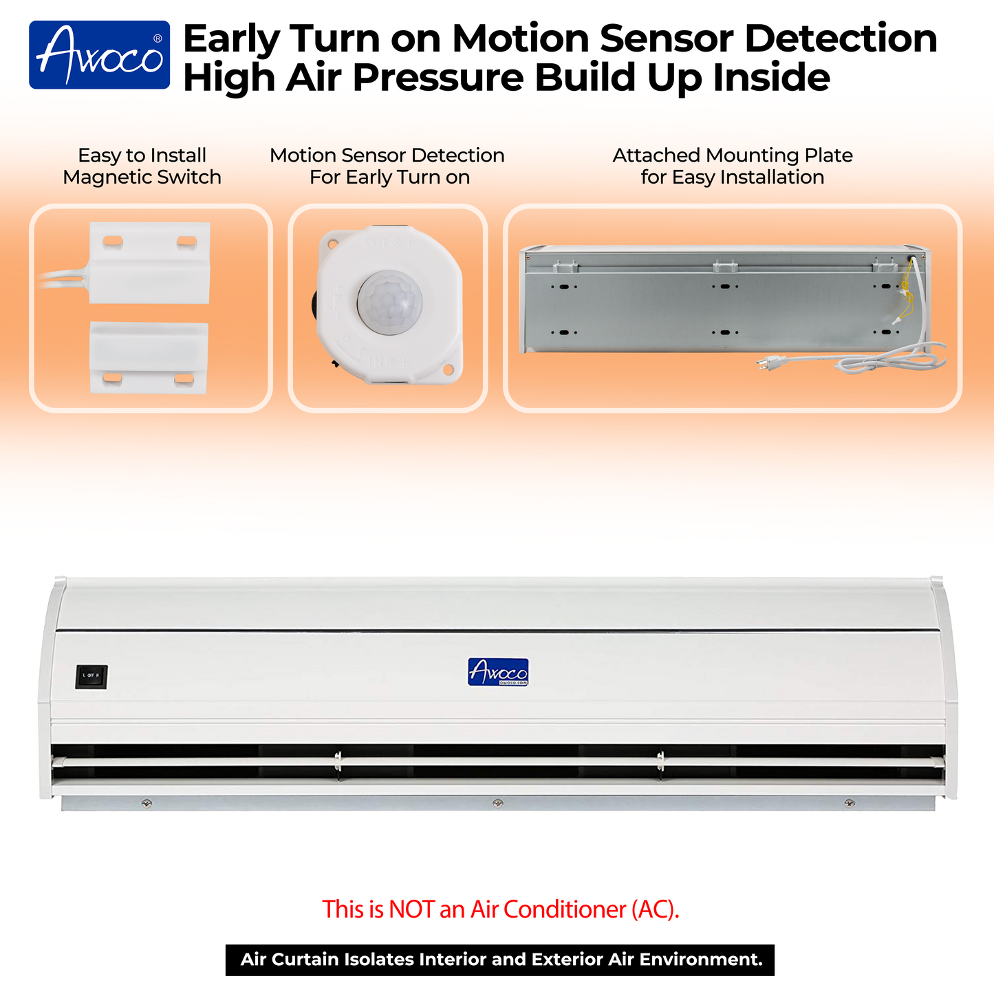 Awoco FM35-MSD Early Turn On Elegant 2 Speed Air Curtain, UL Certified, 120V Unheated with Magnetic Switch & Motion Sensor Detection - FM3509-MSD
