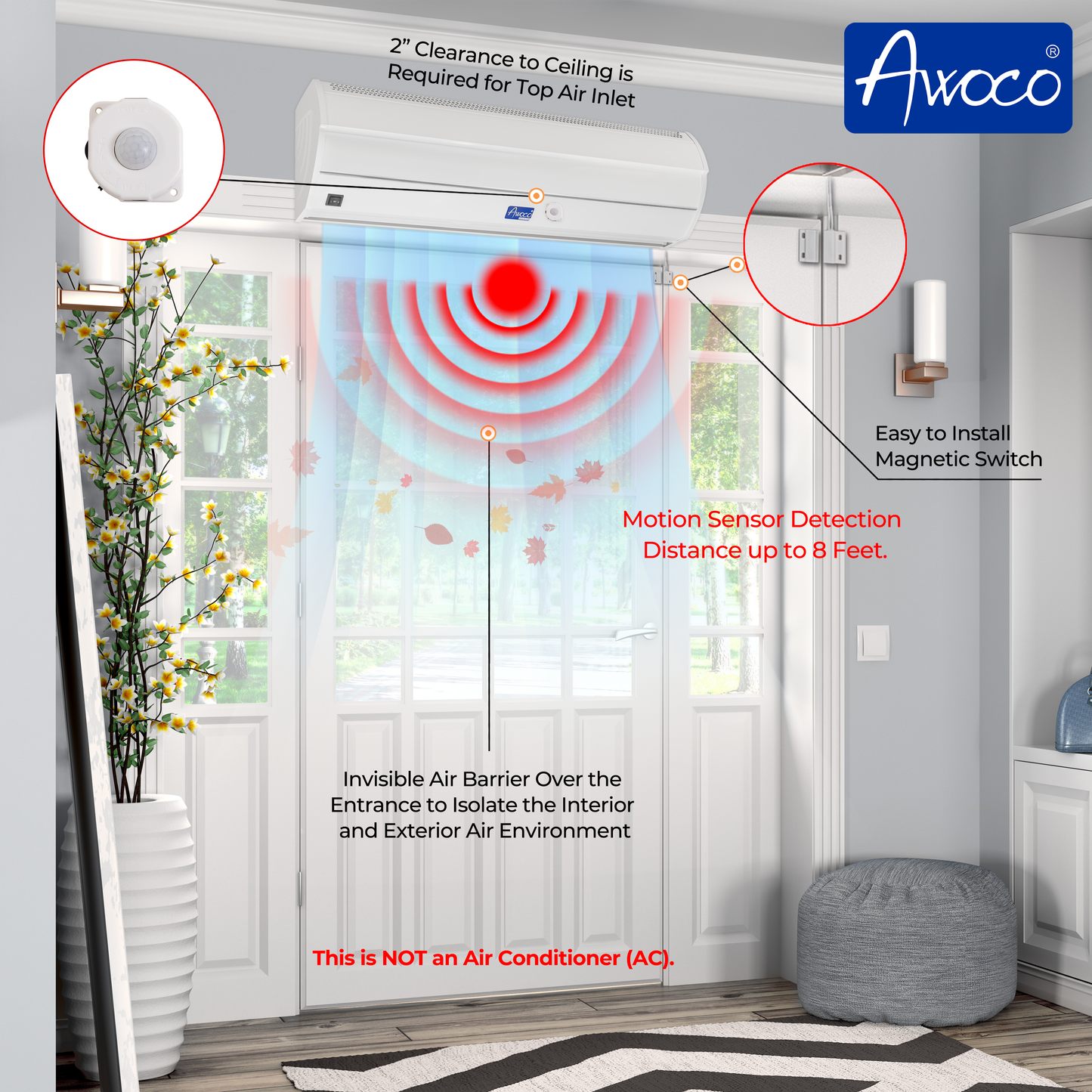 Awoco FM35-MSD Early Turn On Elegant 2 Speed Air Curtain, UL Certified, 120V Unheated with Magnetic Switch & Motion Sensor Detection - FM3509-MSD