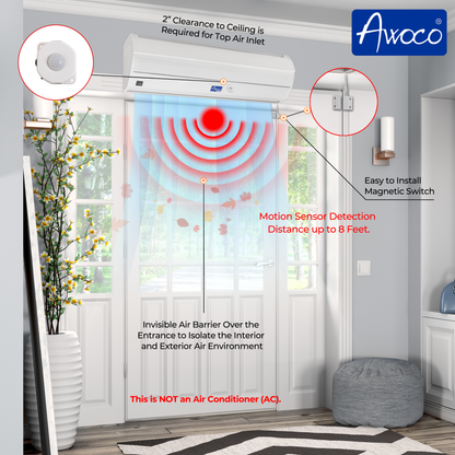 Awoco FM35-MSD Early Turn On Elegant 2 Speed Air Curtain, UL Certified, 120V Unheated with Magnetic Switch & Motion Sensor Detection - FM3509-MSD